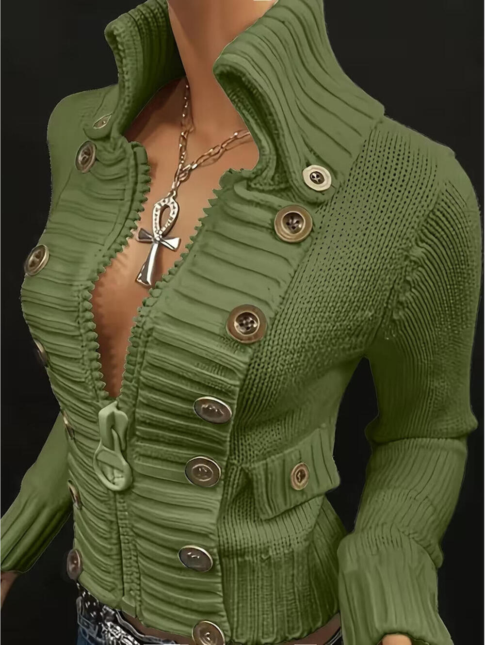 NEW PLUS SIZE XL SWEATER CARDIGAN BIG ZIPPER OVERLAY BUTTON STAND COLLAR GLAM
